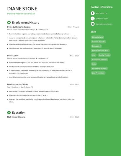 Police Evidence Technician Resume