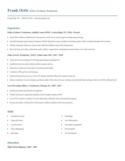 Police Evidence Technician Resume