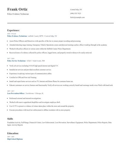 Police Evidence Technician Resume