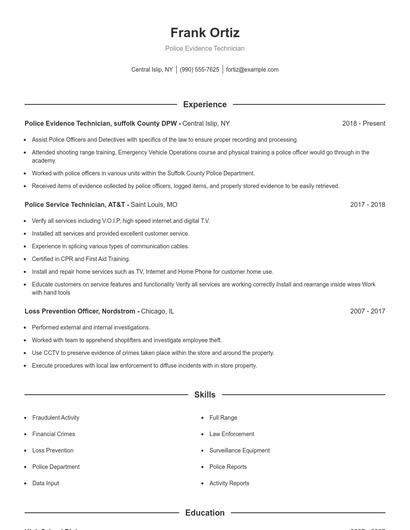 Police Evidence Technician Resume