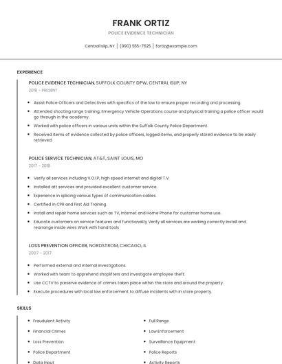 Police Evidence Technician Resume