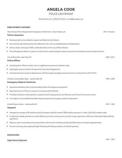 Police Lieutenant Resume