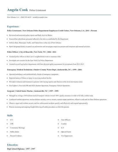 Police Lieutenant Resume