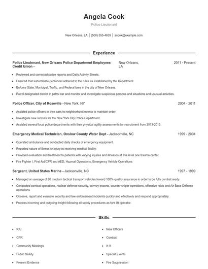Police Lieutenant Resume