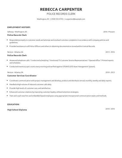 Police Records Clerk Resume