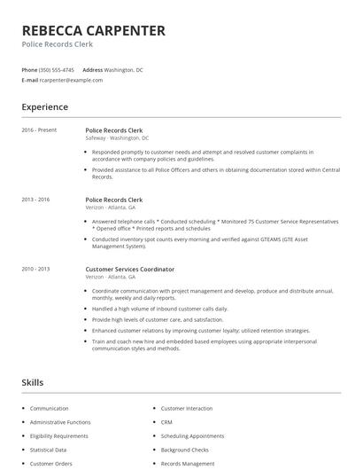 Police Records Clerk Resume