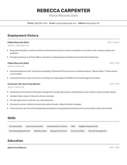 Police Records Clerk Resume