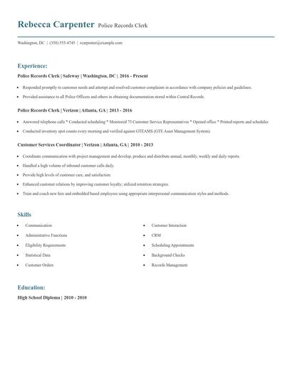 Police Records Clerk Resume