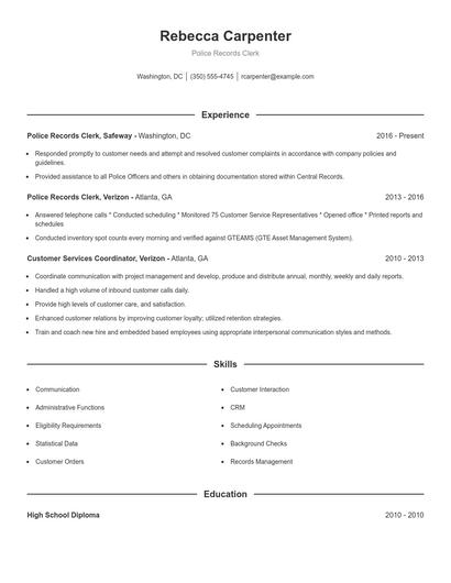 Police Records Clerk Resume
