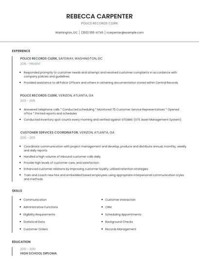 Police Records Clerk Resume
