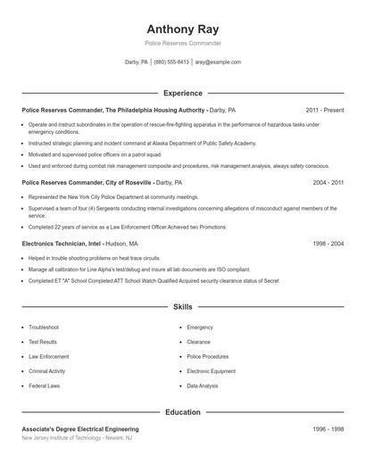 Police Reserves Commander Resume