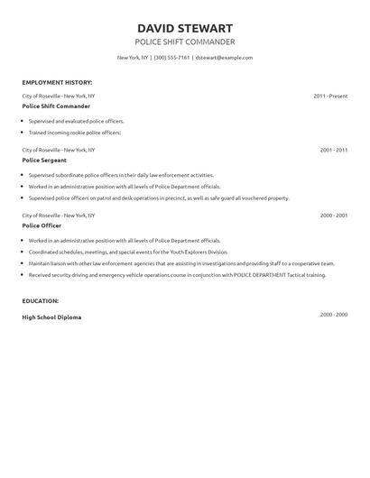 Police Shift Commander Resume