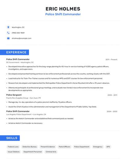Police Shift Commander Resume