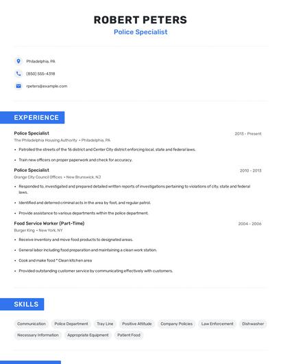 Police Specialist Resume