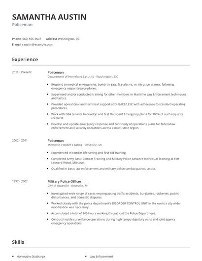 Policeman Resume