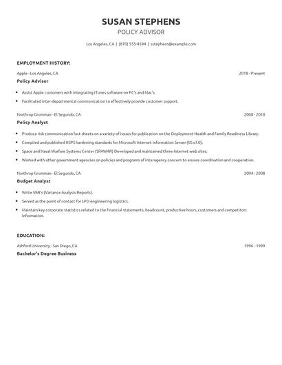 Policy Advisor Resume