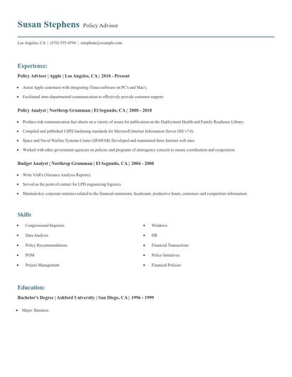 Policy Advisor Resume