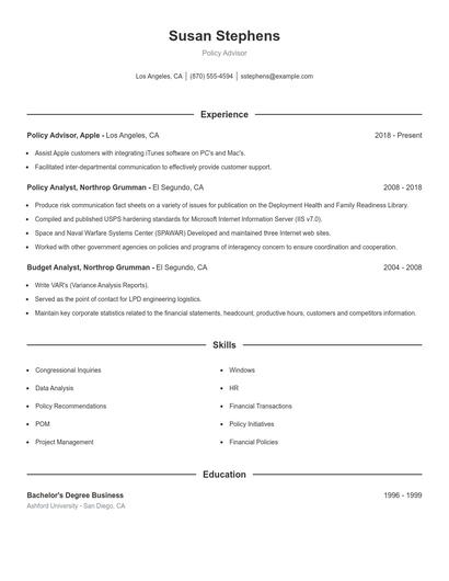 Policy Advisor Resume