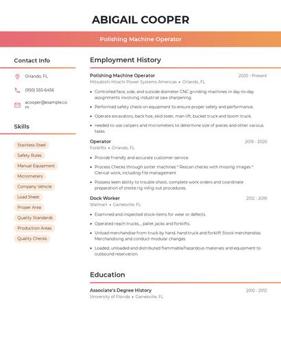Polishing Machine Operator Resume