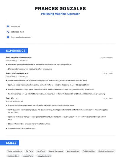 Polishing Machine Operator Resume