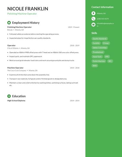 Polishing Machine Operator Resume