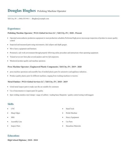 Polishing Machine Operator Resume