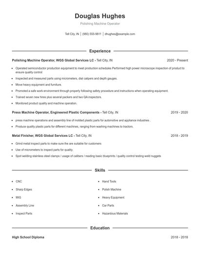Polishing Machine Operator Resume