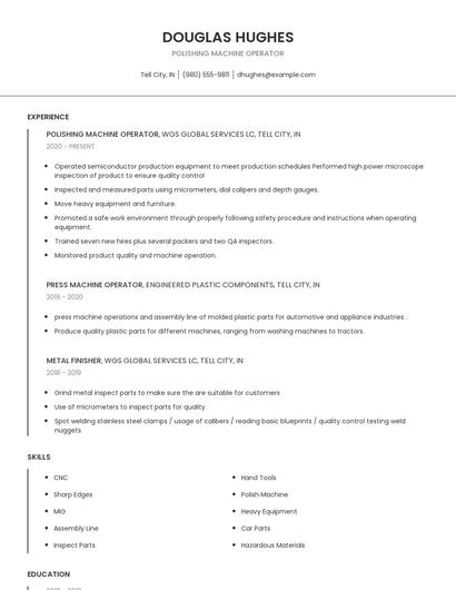 Polishing Machine Operator Resume