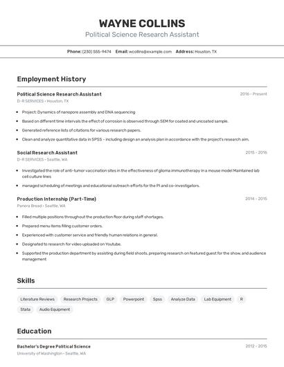 Political Science Research Assistant Resume