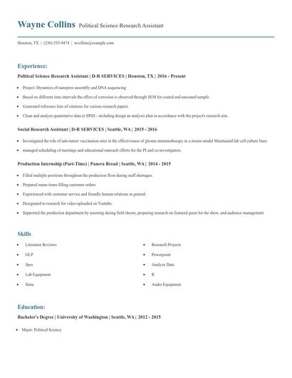 Political Science Research Assistant Resume
