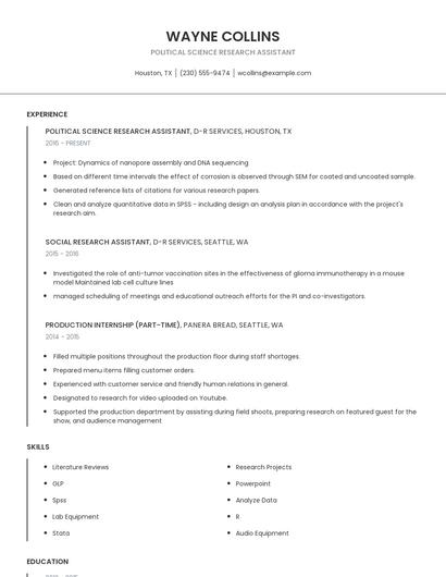 Political Science Research Assistant Resume