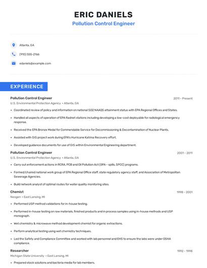Pollution Control Engineer Resume