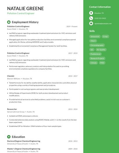 Pollution Control Engineer Resume