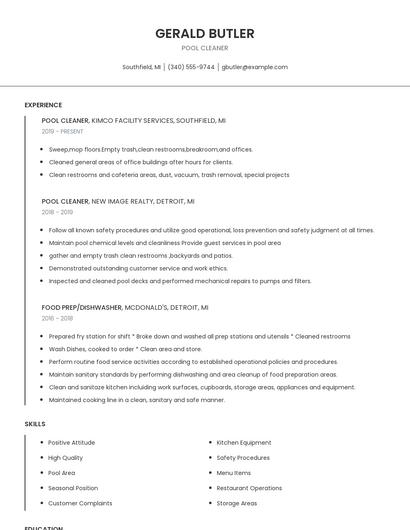 Pool Cleaner Resume