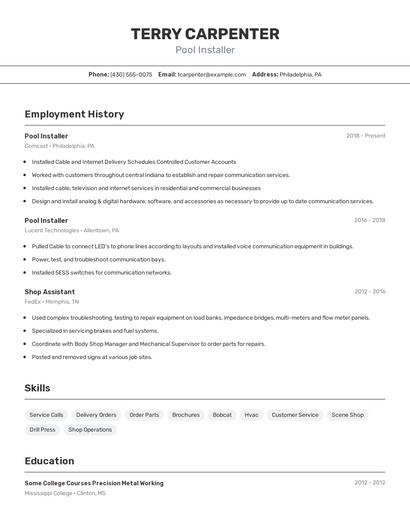 Pool Installer Resume