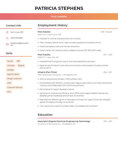 Pool Installer Resume