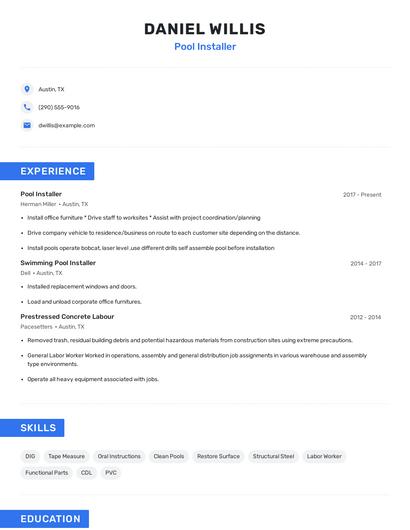 Pool Installer Resume