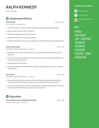 Pool Installer Resume