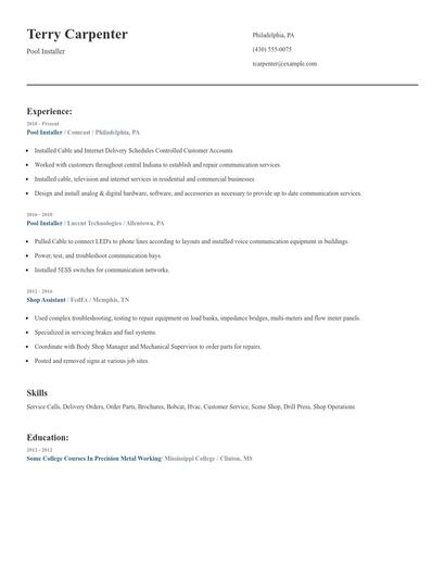 Pool Installer Resume