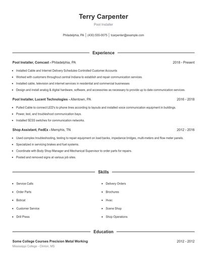 Pool Installer Resume