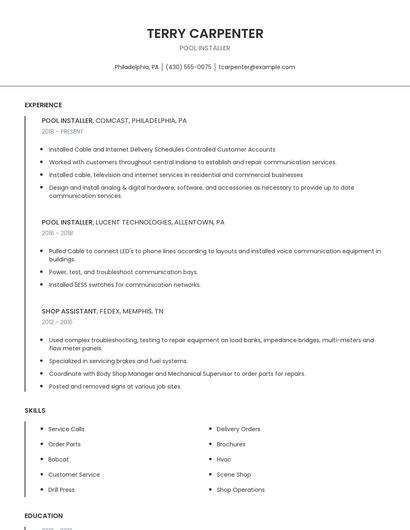 Pool Installer Resume