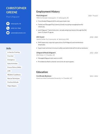 Pool Lifeguard Resume
