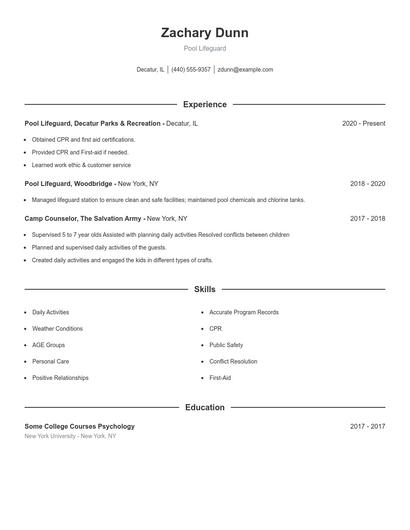 Pool Lifeguard Resume