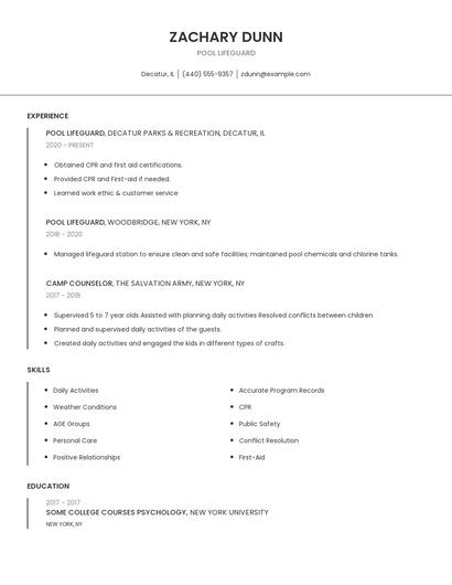 Pool Lifeguard Resume