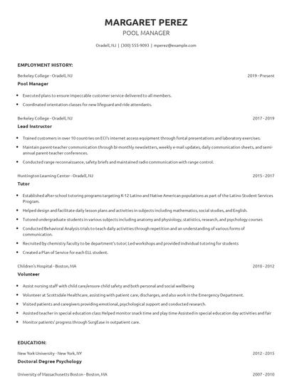 Pool Manager Resume