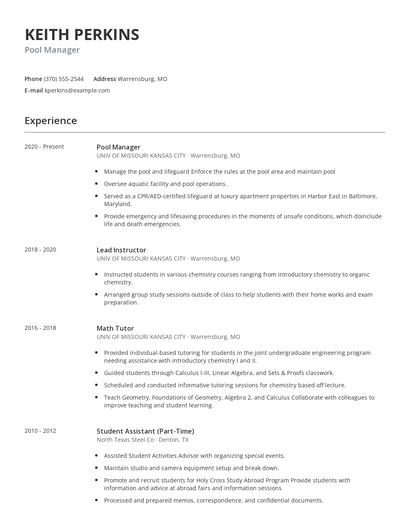Pool Manager Resume