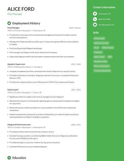 Pool Manager Resume
