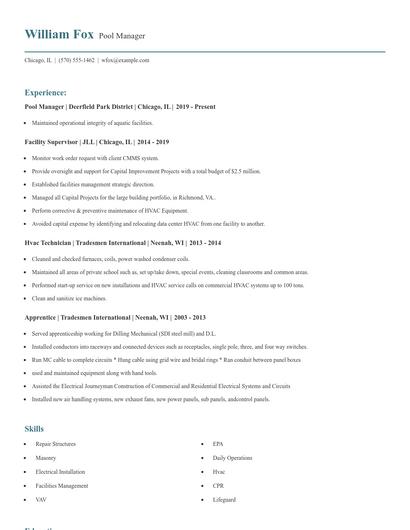 Pool Manager Resume
