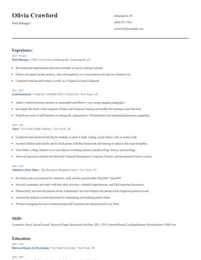 Pool Manager Resume