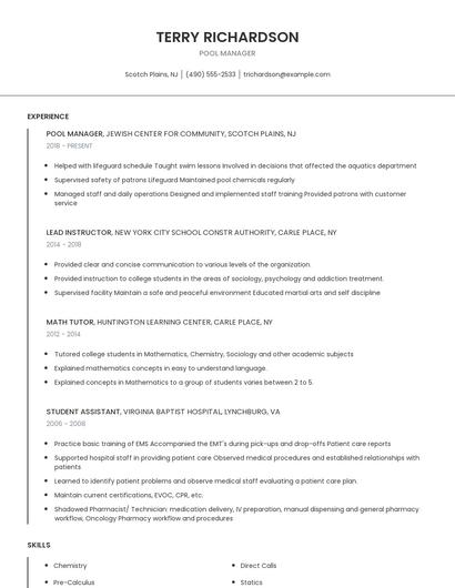 Pool Manager Resume
